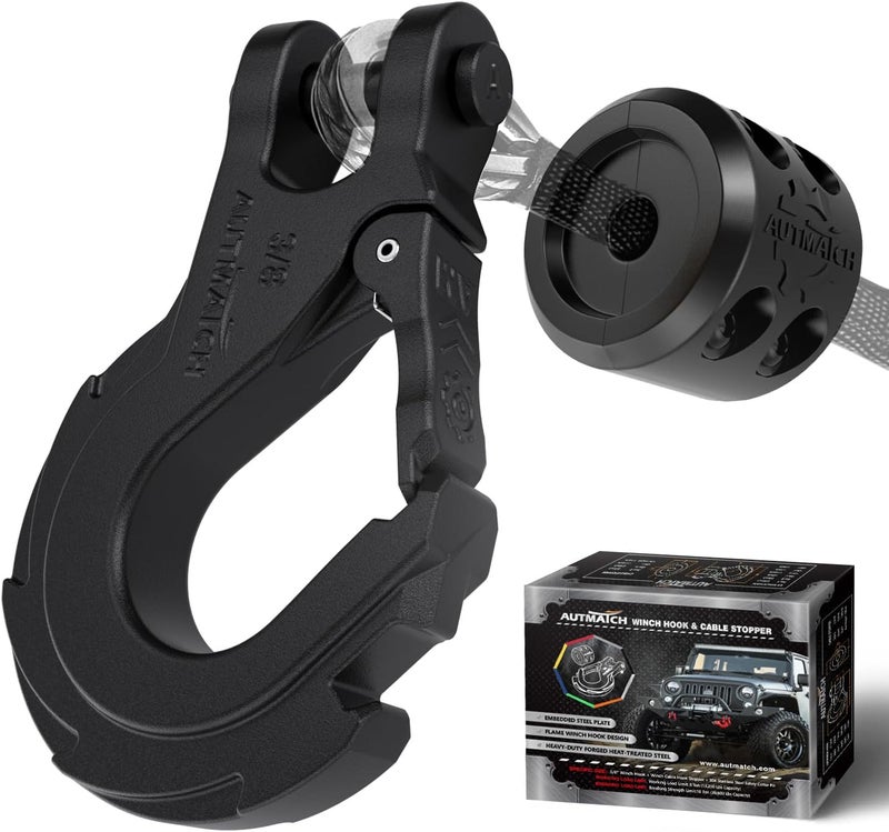 AUTMATCH Winch Hook 3/8" - Clevis Slip Hook with Safety Latch & Winch Cable Hook Stopper, Grade 70 Forged Steel Max 39,600Lbs Work for Winch Rope, ATV, UTV, Off Road Vehicle, Frosted Black - Image 1